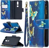 Voor Nokia 2.4 Gekleurde Tekening Patroon Rits Horizontale Flip Leren Case met Houder & Kaartsleuven & Portemonnee (Goud Vlinder)