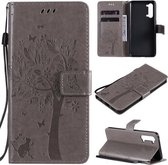 Voor Oppo Reno3 5G / Find X2 Lite Tree & Cat Reliëfpatroon Horizontale Flip lederen tas met houder & kaartsleuven & portemonnee & lanyard (grijs)