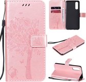 Voor Oppo Reno3 Pro 4G Boom & Kat Reliëfpatroon Horizontale Flip Leren Case met Houder & Kaartsleuven & Portemonnee & Lanyard (Rose Goud)