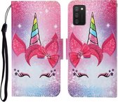 Voor Samsung Galaxy A02s (EU-versie) Gekleurde tekening patroon Horizontale flip lederen tas met houder & kaartsleuven & portemonnee & lanyard (wimper eenhoorn)
