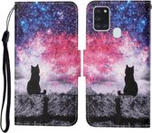 Voor Samsung Galaxy A21s Gekleurde Tekening Patroon Horizontale Flip Leren Case met Houder & Kaartsleuven & Portemonnee & Lanyard (Starry Cat)