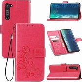 Voor Motorola Edge vierbladige gesp reliëf gesp mobiele telefoon bescherming lederen tas met lanyard & kaartsleuf & portemonnee & beugel functie (magenta)