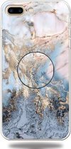 Voor iPhone 8 Plus en 7 Plus reliëf gevernist marmer TPU beschermhoes met houder (goudgrijs)