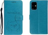 Voor Galaxy A51 reliëf Shiba Inu links en rechts lederen tas met standaard & kaartsleuf & sallet (blauw)