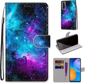 Voor Huawei P smart 2021 / Y7a Gekleurde Tekening Cross Textuur Horizontale Flip PU Lederen Case met Houder & Kaartsleuven & Portemonnee & Lanyard (Paars Groen Sterrenhemel)