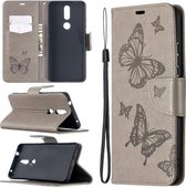 Voor Nokia 2.4 Twee vlinders reliëfpatroon Horizontale flip lederen tas met houder & kaartsleuf & portemonnee & lanyard (grijs)