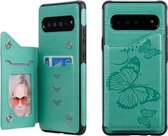 Voor Galaxy S10 5G vlinder reliëfpatroon schokbestendig beschermhoes met houder & kaartsleuven en fotolijst (groen)