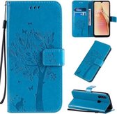 Voor OPPO A8 / A31 (2020) Boom & Kat Patroon Geperst Afdrukken Horizontale Flip PU Leren Case met Houder & Kaartsleuven & Portemonnee & Lanyard (Blauw)