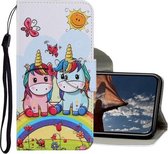 Gekleurde tekening patroon horizontaal Flip PU lederen tas met houder & kaartsleuven & portemonnee & lanyard voor iPhone 11 Pro Max (paar eenhoorn)