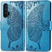 Butterfly Love Flowers Embossing Horizontale Flip Leather Case Voor Huawei Honor 20 Pro met Houder & Kaartsleuven & Portemonnee & Lanyard (Blauw)