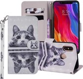 Cat In The Mirror-patroon Gekleurde tekening Horizontale lederen flip-hoes voor Xiaomi Mi 8, met houder en kaartsleuven en portemonnee en draagkoord