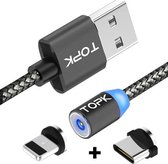 TOPK 1m 2.1A-uitgang USB naar 8-pins + USB-C / Type-C mesh-gevlochten magnetische oplaadkabel met LED-indicator (grijs)