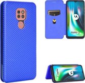 Voor Motorola Moto G9 / G9 Play Carbon Fiber Texture Magnetische Horizontale Flip TPU + PC + PU Leather Case met Card Slot & Lanyard (Blue)