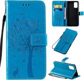 Voor Galaxy S20 + Tree & Cat Pattern Pressed Printing Horizontale Flip PU lederen tas met houder & kaartsleuven & portemonnee & lanyard (blauw)