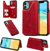 Voor iPhone 11 Butterfly Embossing Pattern Schokbestendige beschermhoes met houder & kaartsleuven en fotolijst (rood)