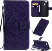 Voor OPPO A5 / A35 Geperst Afdrukken Zonnebloempatroon Horizontale Flip PU-lederen Case met Houder & Kaartsleuven & Portemonnee & Lanyard (Paars)