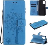 Voor Motorola Moto G9 Plus Tree & Cat Pattern Pressed Printing Horizontale Flip PU lederen tas met houder & kaartsleuven & portemonnee & lanyard (blauw)