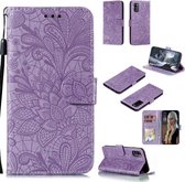 Voor Galaxy A41 Lace Flower Embossing Pattern Horizontale Flip lederen tas, met houder & kaartsleuven & portemonnee & fotolijst & lanyard (paars)