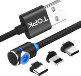 TOPK 2m 2.4A Max USB naar 8-pins + USB-C / Type-C + Micro USB 90 graden elleboog magnetische oplaadkabel met LED-indicator (zwart)