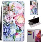 Voor Samsung Galaxy S21 5G Gekleurde Tekening Cross Textuur Horizontale Flip PU Lederen Case met Houder & Kaartsleuven & Portemonnee & Lanyard (Lichtroze Boeket)