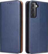 Voor Samsung Galaxy S21 5G Fierre Shann PU Lederen Textuur Horizontale Flip Lederen Case met Houder & Kaartsleuven & Portemonnee (Blauw)
