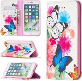 Gekleurde tekening patroon onzichtbare magnetische horizontale flip PU lederen tas met houder & kaartsleuven & portemonnee voor iPhone 8 & 7 (twee vlinders)