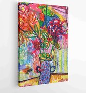 Beautiful composition colorful abstract expression art of flower vase draw and painting on white canvas paper texture background - Moderne schilderijen - Vertical - 1185895105 - 80