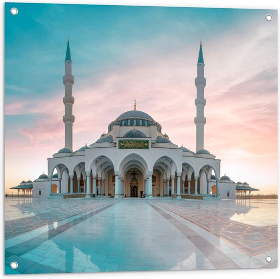 Tuinposter – Sharjah Mosque - Dubai - 80x80cm Foto op Tuinposter  (wanddecoratie voor buiten en binnen)