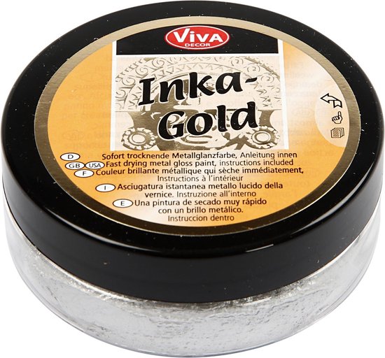 Pot rond de peinture Inka-Gold, couleur argent. Couvercle avec "Viva Decor Inka-Gold" et "Schnell trocknende metallglanzfarbe" (peinture métallisée à séchage rapide).