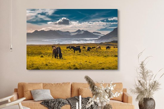 Chevaux islandais dans une pelouse toile 2cm 180x120 cm - Tirage photo sur toile (Décoration murale salon / chambre) / Animaux sauvages Peintures sur toile XXL / Groot format!