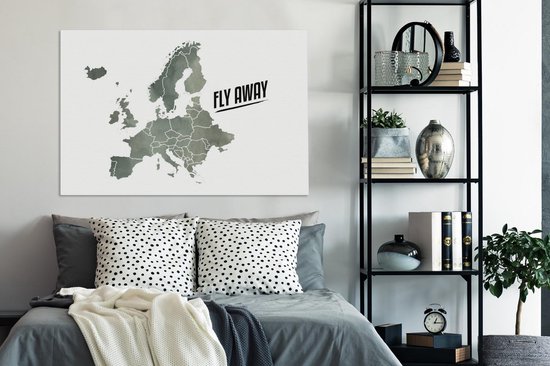 Carte de l'Europe à l'aquarelle grise avec la citation Fly away 120x80 cm - Tirage photo sur toile (Décoration murale salon / chambre)