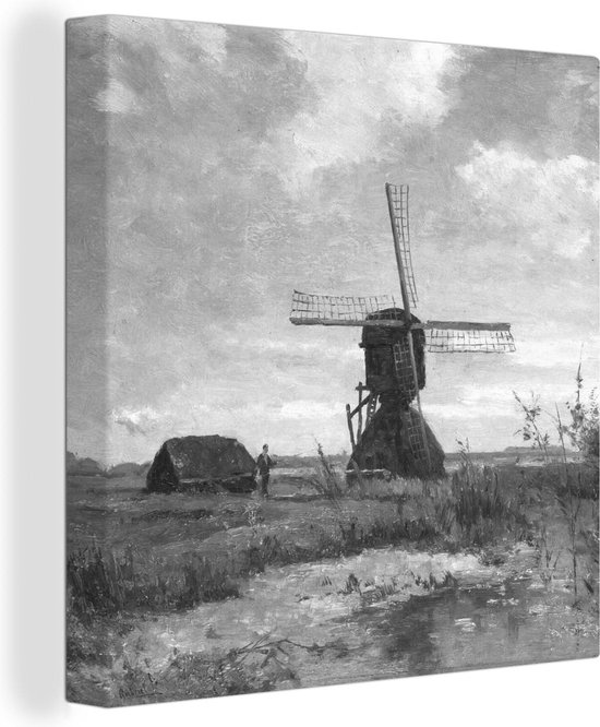 Canvas Schilderij Zonnige dag, een molen aan een wetering in zwart wit - Schilderij Paul Joseph Constantin - 20x20 cm - Wanddecoratie