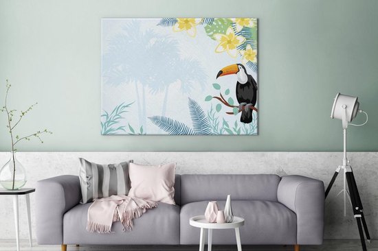 Une illustration de plantes tropicales avec une toile toucan 160x120 cm - Tirage photo sur toile (Décoration murale salon / chambre) XXL / Groot format!