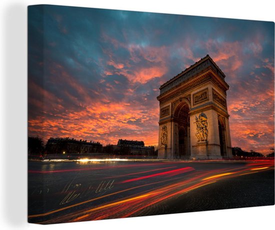 Kleurrijke lucht boven de Triomfboog in Parijs Canvas 140x90 cm - Foto print op Canvas schilderij (Wanddecoratie woonkamer / slaapkamer)