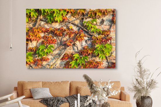 Feuilles d'Hedera rouges et vertes sur un mur de pierre Toile 180x120 cm - Tirage photo sur Toile (Décoration murale salon / chambre) XXL / Grand format!