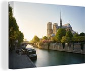 Canvas schilderij 140x90 cm - Wanddecoratie De Notre-Dame in Parijs met een zonsondergang - Muurdecoratie woonkamer - Slaapkamer decoratie - Kamer accessoires - Schilderijen