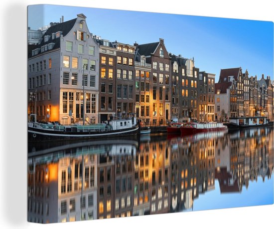Canvas schilderij 180x120 cm - Wanddecoratie Het stille water van de Prinsengracht van Amsterdam - Muurdecoratie woonkamer - Slaapkamer decoratie - Kamer accessoires - Schilderijen