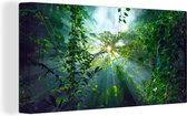 Canvas Schilderij De zon schijnend door de bossen van een regenwoud in Maleisië - 40x20 cm - Wanddecoratie