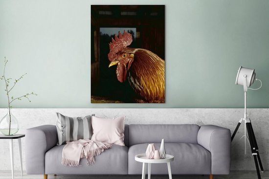 Canvas schilderij 120x160 cm - Wanddecoratie Goudbruine haan in een schuur - Muurdecoratie woonkamer - Slaapkamer decoratie - Kamer accessoires - Schilderijen