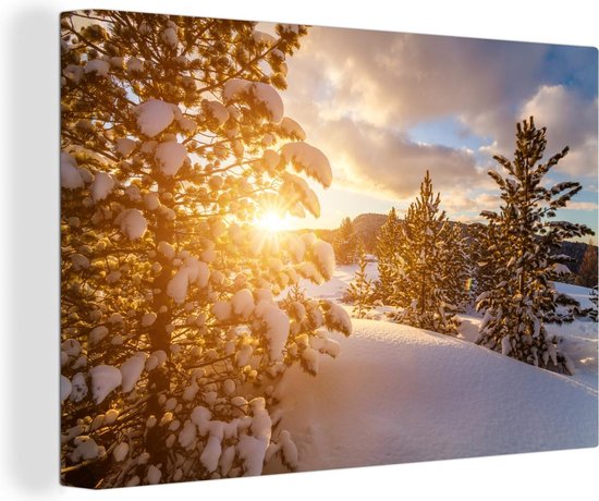 Winterlandschap tijdens een zonsondergang Canvas 140x90 cm - Foto print op Canvas schilderij (Wanddecoratie woonkamer / slaapkamer)