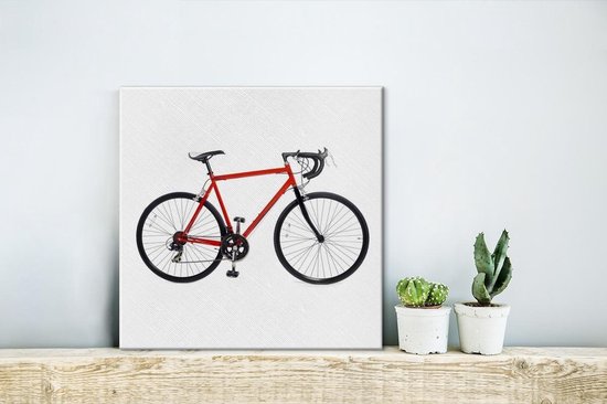 Een rode racefiets tegen een witte achtergrond Canvas 50x50 cm - Foto print op Canvas schilderij (Wanddecoratie woonkamer / slaapkamer)