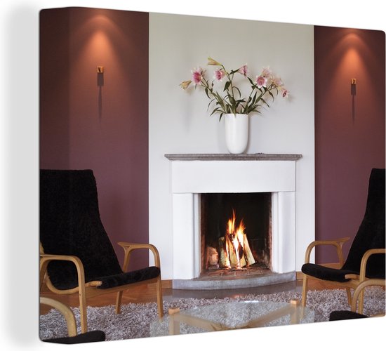 Une cheminée dans un salon 160x120 cm - Tirage photo sur toile (Décoration murale salon / chambre) XXL / Grand format!