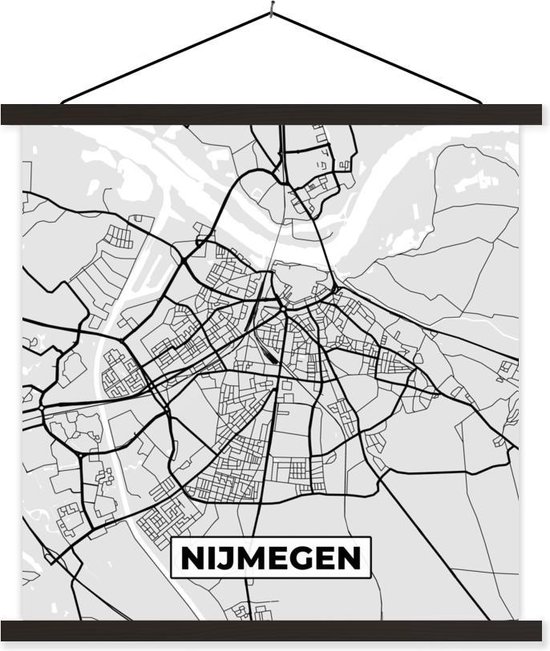 Posterhanger incl. Poster 60x60 cm - Schoolplaat - Stadskaart - Nijmegen - Grijs - Wit - Textielposter - Zwarte latten