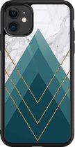 iPhone 11 hoesje glas - Geometrisch blauw - Hard Case - Zwart - Backcover - Marmer - Blauw