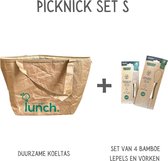 green-goose® Picknick Tas S met Inhoud | Tyvek Thermo Lunchtas | Tyvek Koeltas | 4 Bamboe Lepeltjes | 4 Bamboe Vorkjes | Duurzaam | Biologisch Afbreekbaar