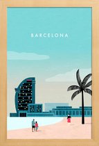 JUNIQE - Poster in houten lijst Barcelona - retro -20x30 /Turkoois