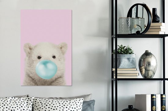 Canvas schilderij kinderen - IJsbeer - Kauwgom - Roze - Blauw - Kinderen - Meisjes - Canvas Meisjes - Muurdecoratie Meiden - Kids - 60x90 cm