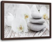 Foto in frame , Orchidee  en Zenstenen , 120x80cm , Grijs wit , Premium print