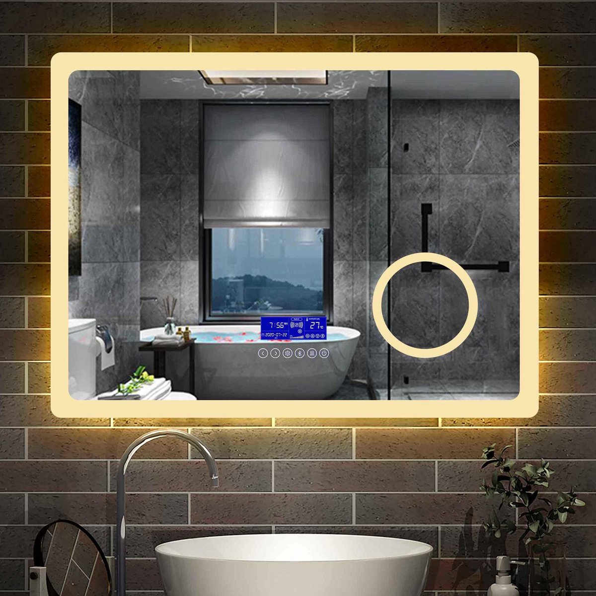 Ratsamee Bluetooth LED Badkamerspiegel Rond 80cm met Verlichting, Dimbaar, Anti-condens Touch, 3 Lichtkleuren, Geheugenfunctie, Wandspiegel en Bluetooth Speaker