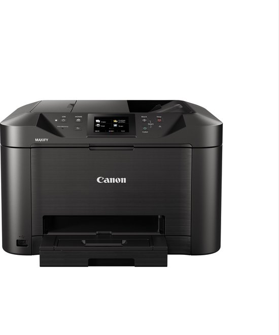 Zwarte Canon MAXIFY printer, frontaal, met open uitvoerlade.